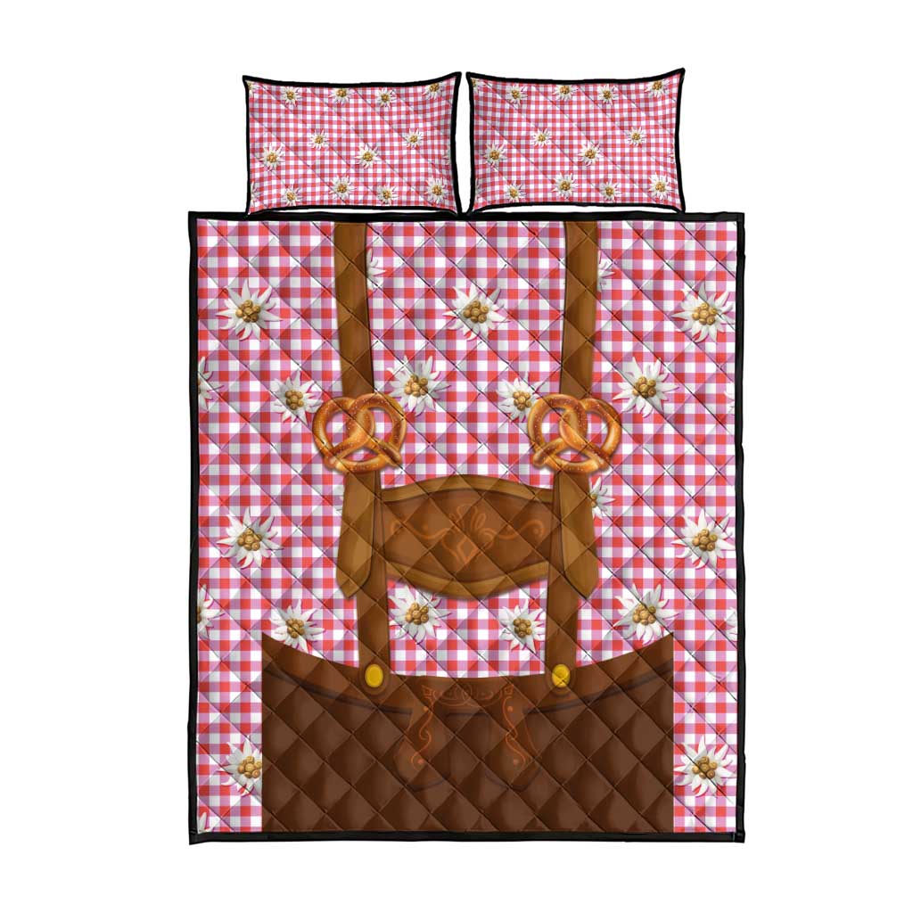 Traditional German Costume - Lederhosen and Soft Pretzel Quilt Bed Set Blue Plaid Pattern with Edelweiss Flowers