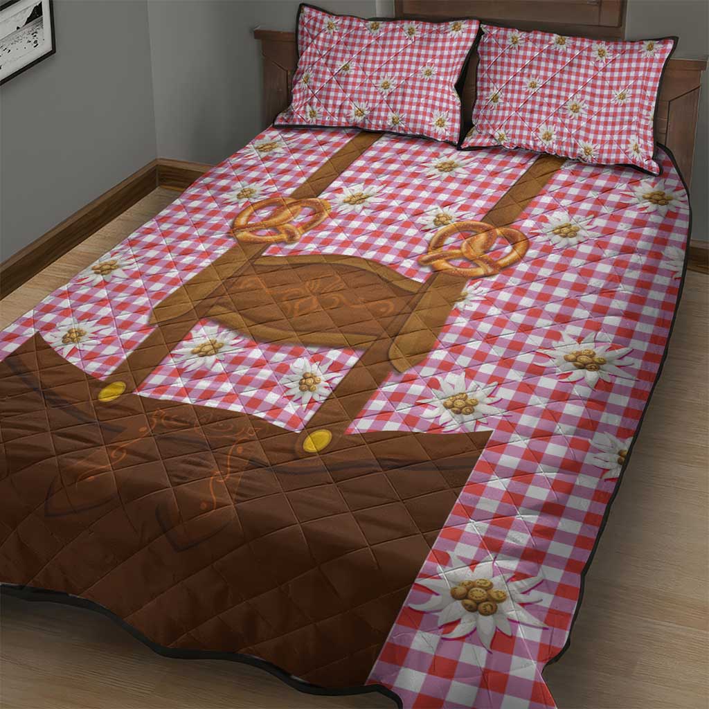 Traditional German Costume - Lederhosen and Soft Pretzel Quilt Bed Set Blue Plaid Pattern with Edelweiss Flowers