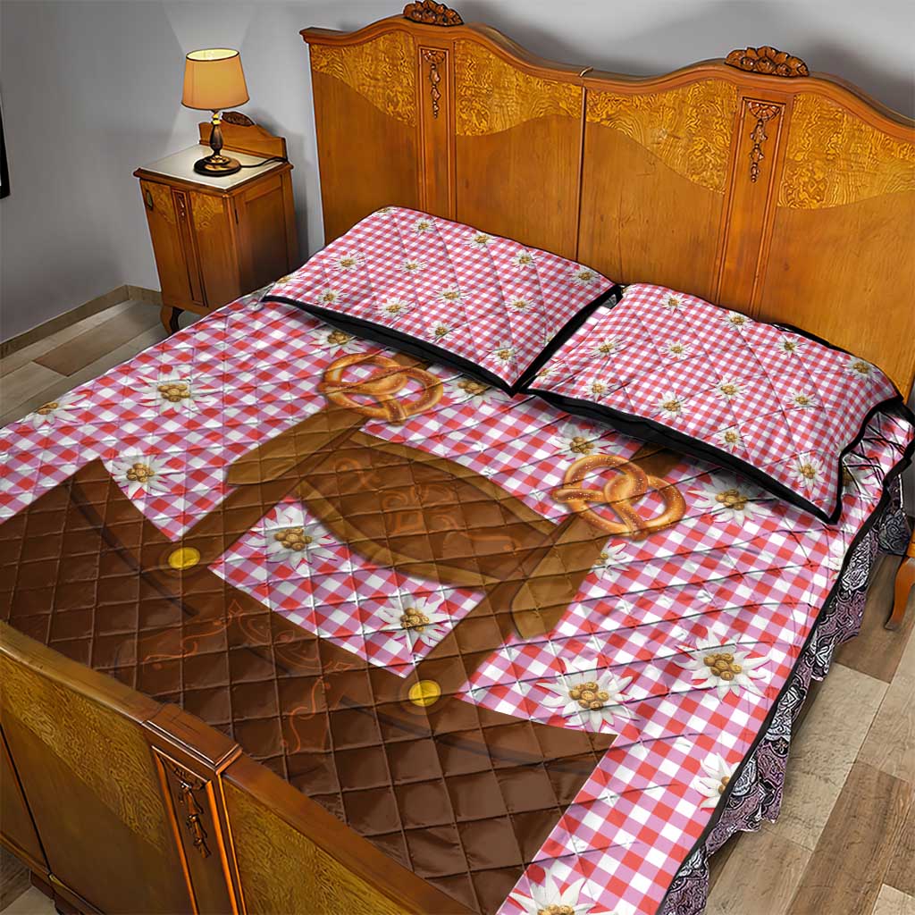 Traditional German Costume - Lederhosen and Soft Pretzel Quilt Bed Set Blue Plaid Pattern with Edelweiss Flowers