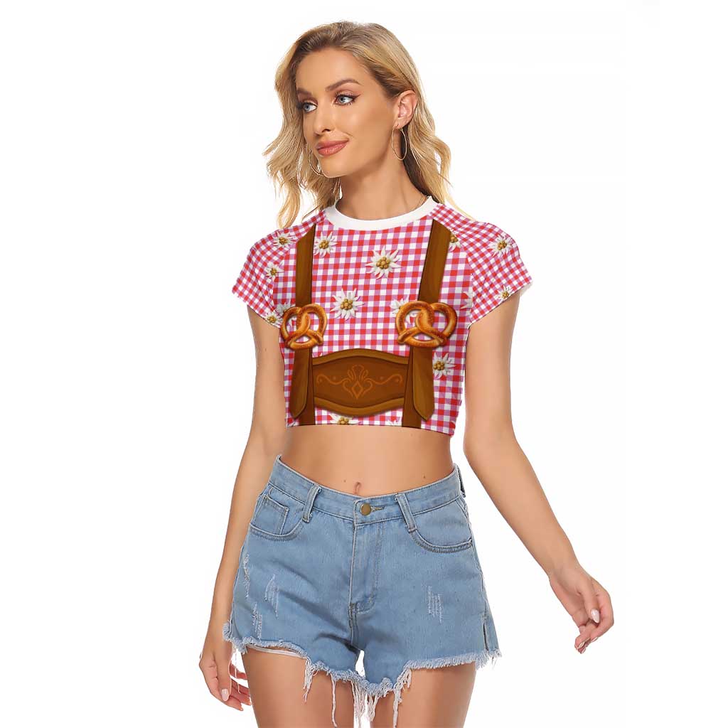 Traditional German Costume - Lederhosen and Soft Pretzel Raglan Cropped T Shirt Blue Plaid Pattern with Edelweiss Flowers