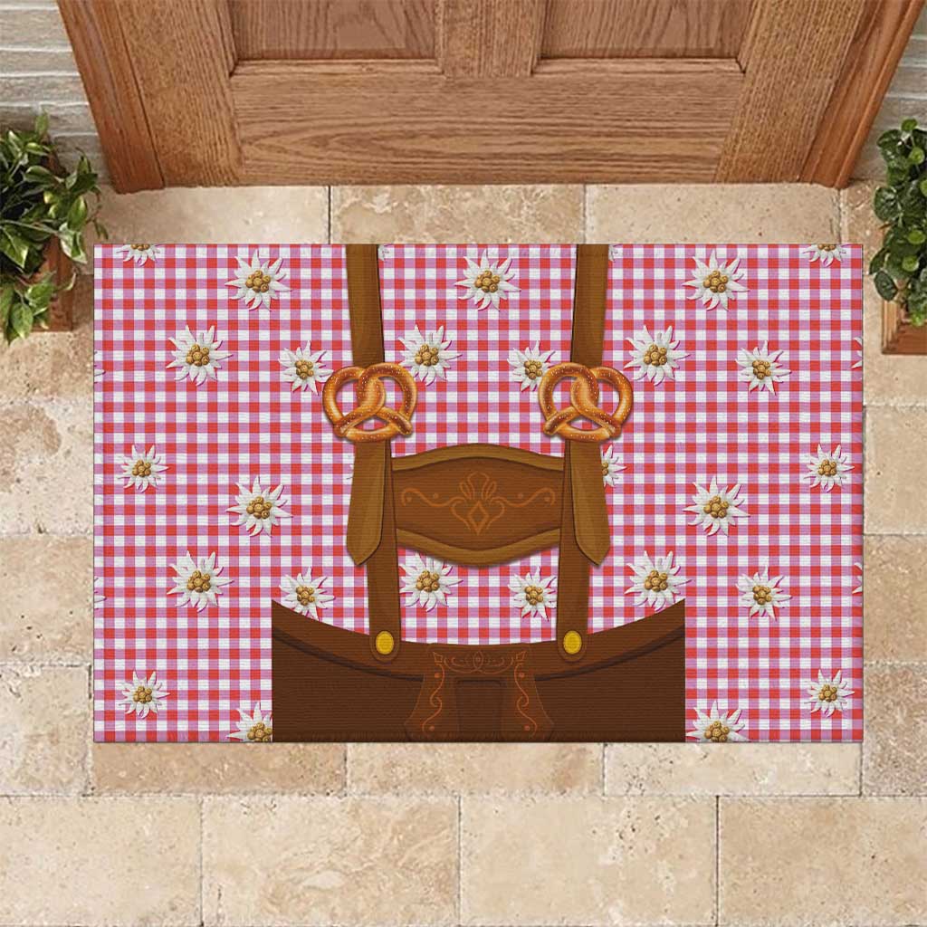Traditional German Costume - Lederhosen and Soft Pretzel Rubber Doormat Blue Plaid Pattern with Edelweiss Flowers