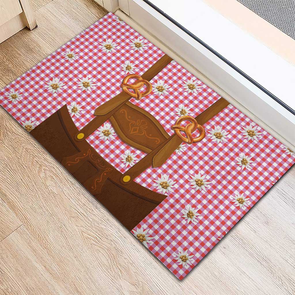 Traditional German Costume - Lederhosen and Soft Pretzel Rubber Doormat Blue Plaid Pattern with Edelweiss Flowers