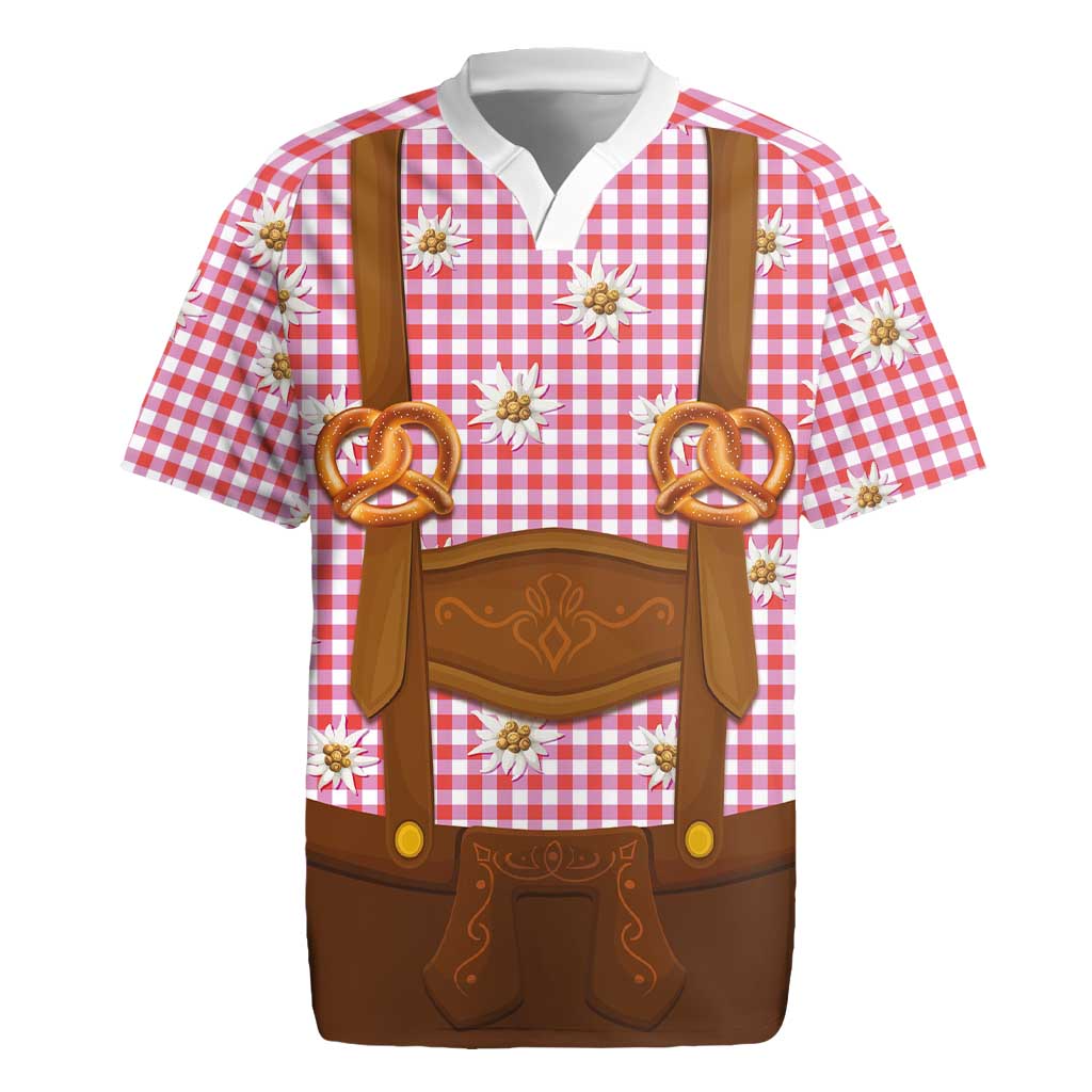 Traditional German Costume - Lederhosen and Soft Pretzel Rugby Jersey Blue Plaid Pattern with Edelweiss Flowers