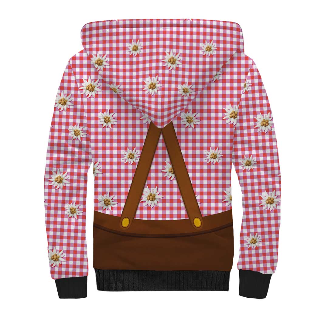 Traditional German Costume - Lederhosen and Soft Pretzel Sherpa Hoodie Blue Plaid Pattern with Edelweiss Flowers