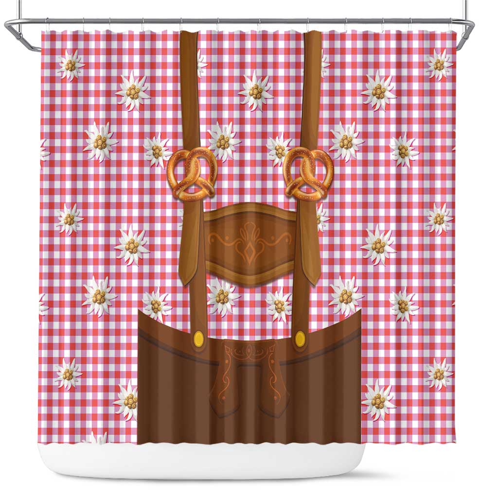 Traditional German Costume - Lederhosen and Soft Pretzel Shower Curtain Blue Plaid Pattern with Edelweiss Flowers