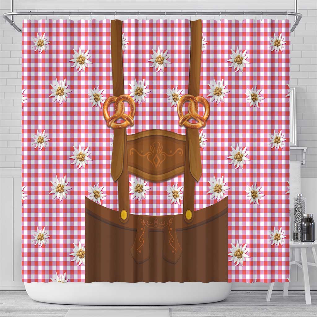 Traditional German Costume - Lederhosen and Soft Pretzel Shower Curtain Blue Plaid Pattern with Edelweiss Flowers
