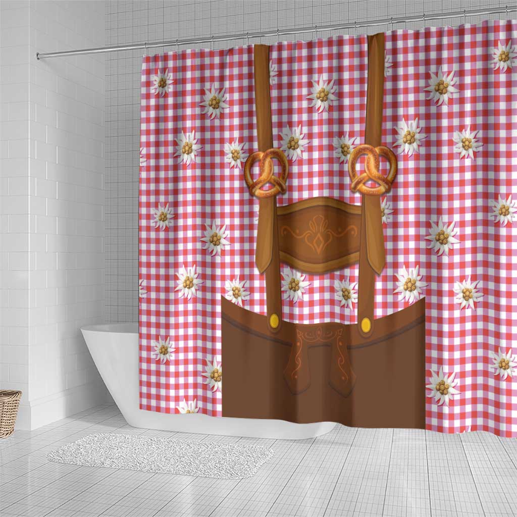 Traditional German Costume - Lederhosen and Soft Pretzel Shower Curtain Blue Plaid Pattern with Edelweiss Flowers