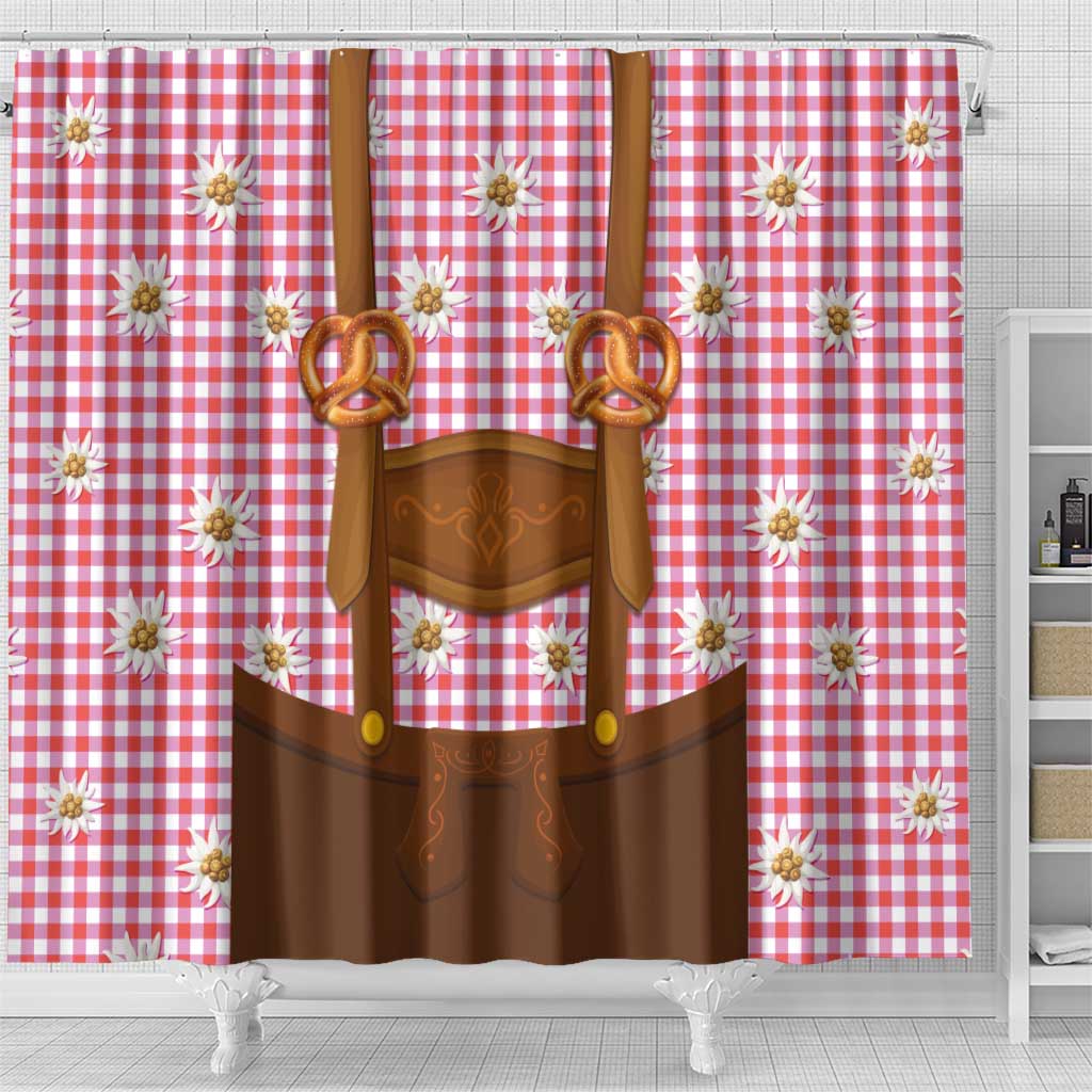 Traditional German Costume - Lederhosen and Soft Pretzel Shower Curtain Blue Plaid Pattern with Edelweiss Flowers