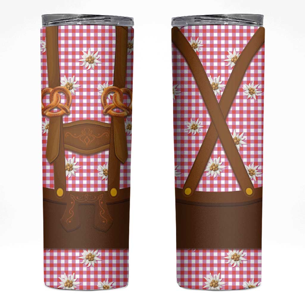 Traditional German Costume - Lederhosen and Soft Pretzel Skinny Tumbler Blue Plaid Pattern with Edelweiss Flowers