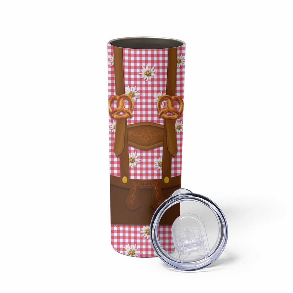 Traditional German Costume - Lederhosen and Soft Pretzel Skinny Tumbler Blue Plaid Pattern with Edelweiss Flowers