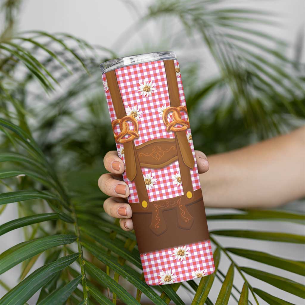 Traditional German Costume - Lederhosen and Soft Pretzel Skinny Tumbler Blue Plaid Pattern with Edelweiss Flowers