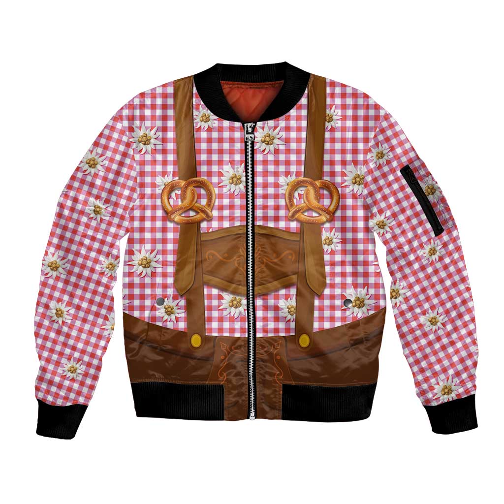 Traditional German Costume - Lederhosen and Soft Pretzel Sleeve Zip Bomber Jacket Blue Plaid Pattern with Edelweiss Flowers