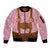 Traditional German Costume - Lederhosen and Soft Pretzel Sleeve Zip Bomber Jacket Blue Plaid Pattern with Edelweiss Flowers