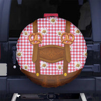 Traditional German Costume - Lederhosen and Soft Pretzel Spare Tire Cover Blue Plaid Pattern with Edelweiss Flowers