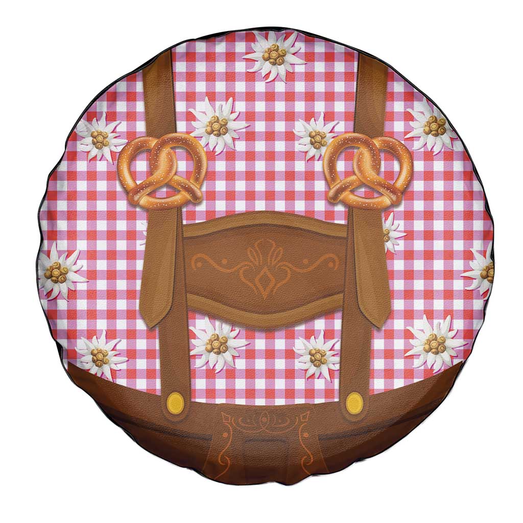 Traditional German Costume - Lederhosen and Soft Pretzel Spare Tire Cover Blue Plaid Pattern with Edelweiss Flowers
