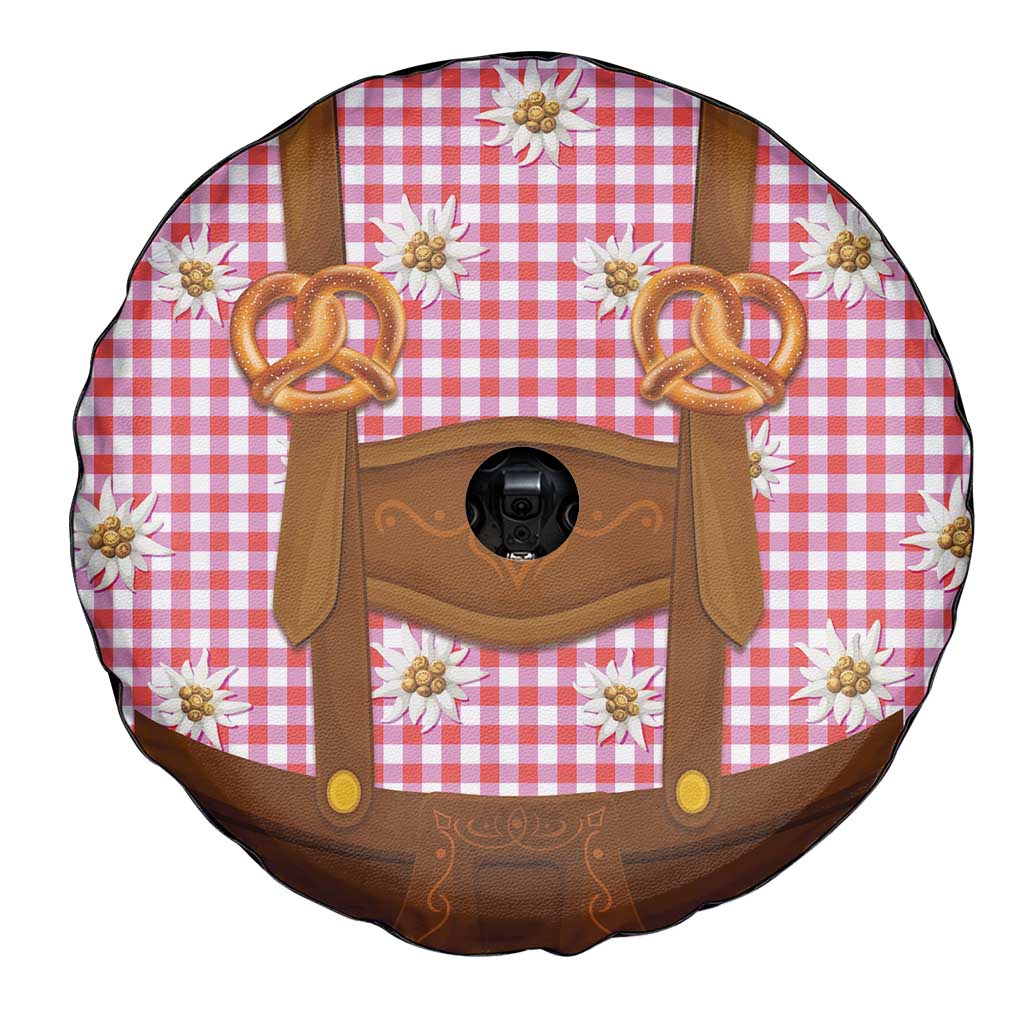 Traditional German Costume - Lederhosen and Soft Pretzel Spare Tire Cover Blue Plaid Pattern with Edelweiss Flowers