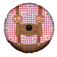 Traditional German Costume - Lederhosen and Soft Pretzel Spare Tire Cover Blue Plaid Pattern with Edelweiss Flowers