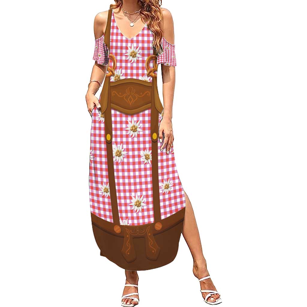 Traditional German Costume - Lederhosen and Soft Pretzel Summer Maxi Dress Blue Plaid Pattern with Edelweiss Flowers