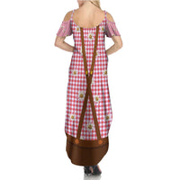 Traditional German Costume - Lederhosen and Soft Pretzel Summer Maxi Dress Blue Plaid Pattern with Edelweiss Flowers