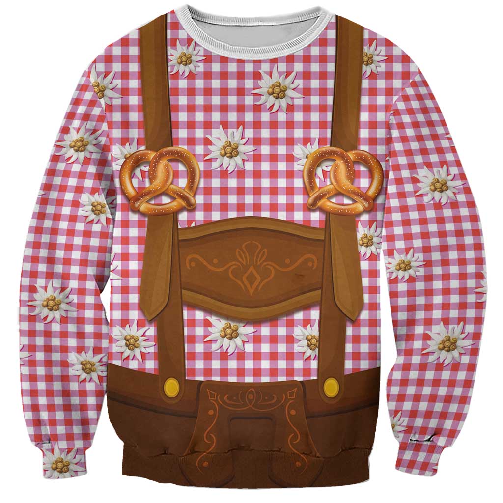 Traditional German Costume - Lederhosen and Soft Pretzel Sweatshirt Blue Plaid Pattern with Edelweiss Flowers