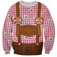 Traditional German Costume - Lederhosen and Soft Pretzel Sweatshirt Blue Plaid Pattern with Edelweiss Flowers