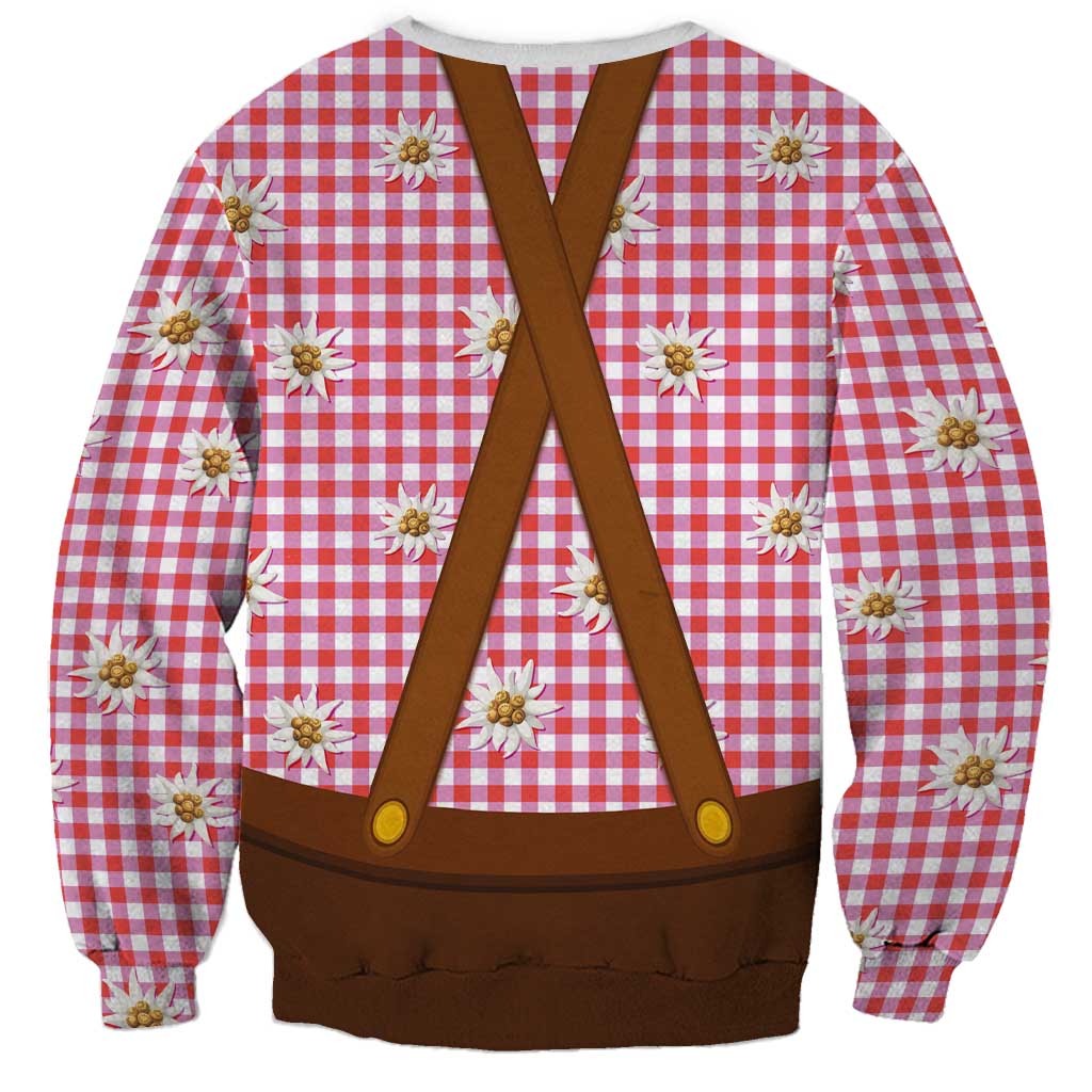 Traditional German Costume - Lederhosen and Soft Pretzel Sweatshirt Blue Plaid Pattern with Edelweiss Flowers