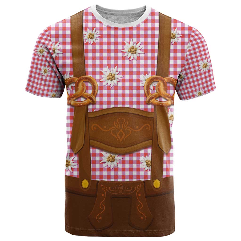 Traditional German Costume - Lederhosen and Soft Pretzel T Shirt Blue Plaid Pattern with Edelweiss Flowers