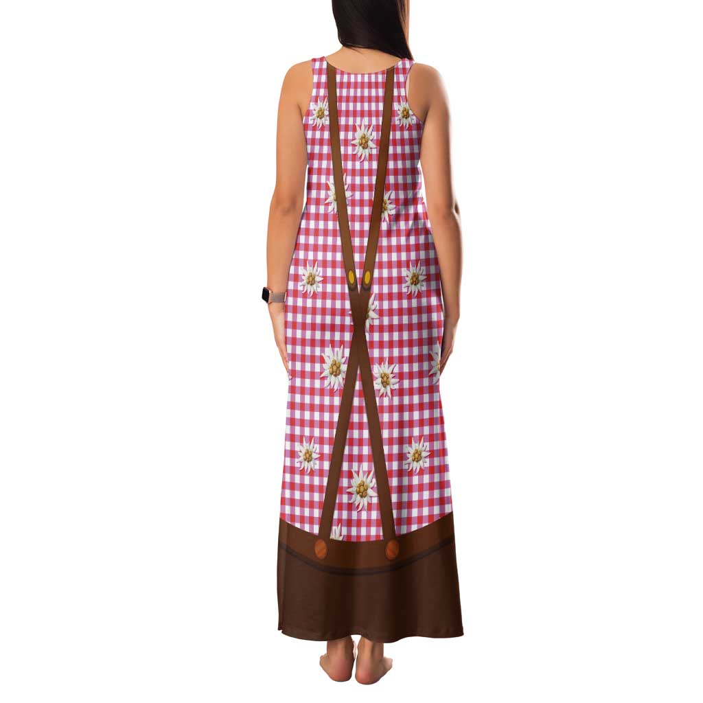Traditional German Costume - Lederhosen and Soft Pretzel Tank Maxi Dress Blue Plaid Pattern with Edelweiss Flowers