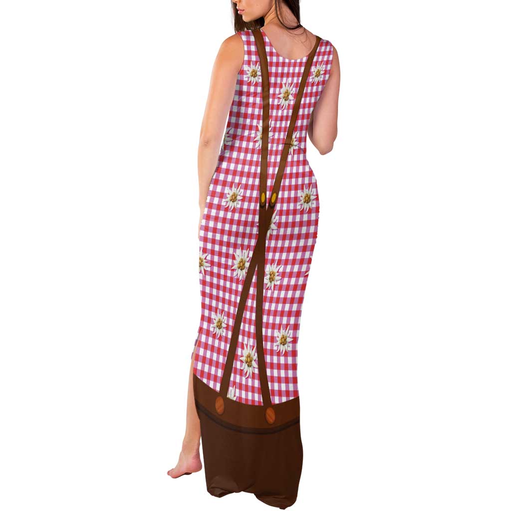 Traditional German Costume - Lederhosen and Soft Pretzel Tank Maxi Dress Blue Plaid Pattern with Edelweiss Flowers