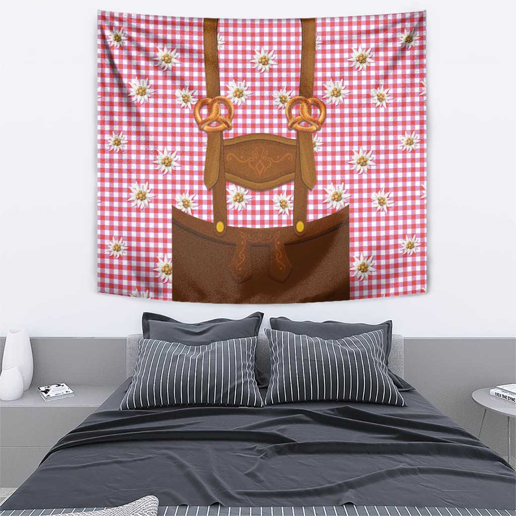 Traditional German Costume - Lederhosen and Soft Pretzel Tapestry Blue Plaid Pattern with Edelweiss Flowers