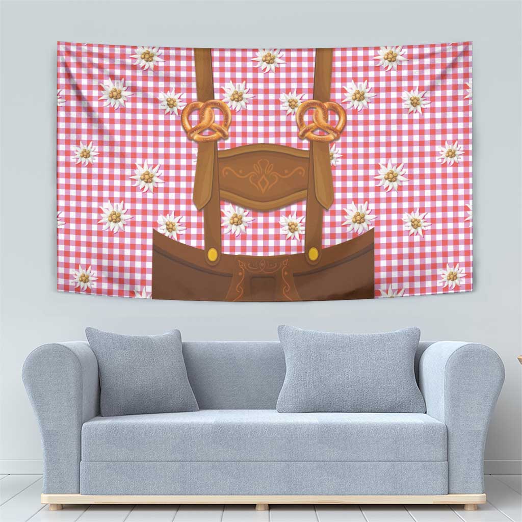 Traditional German Costume - Lederhosen and Soft Pretzel Tapestry Blue Plaid Pattern with Edelweiss Flowers