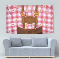 Traditional German Costume - Lederhosen and Soft Pretzel Tapestry Blue Plaid Pattern with Edelweiss Flowers
