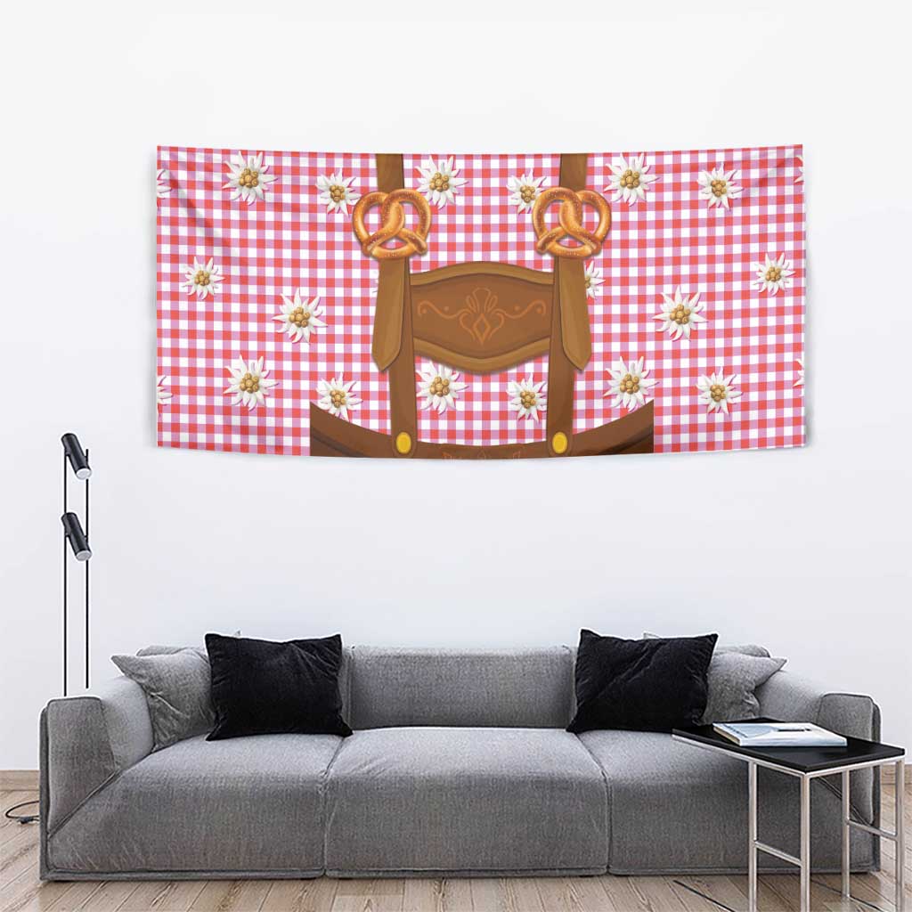 Traditional German Costume - Lederhosen and Soft Pretzel Tapestry Blue Plaid Pattern with Edelweiss Flowers