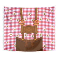 Traditional German Costume - Lederhosen and Soft Pretzel Tapestry Blue Plaid Pattern with Edelweiss Flowers