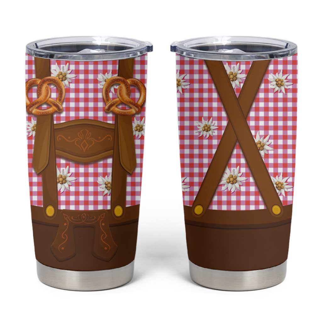 Traditional German Costume - Lederhosen and Soft Pretzel Tumbler Cup Blue Plaid Pattern with Edelweiss Flowers