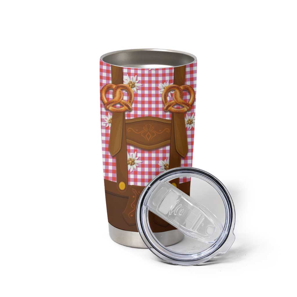 Traditional German Costume - Lederhosen and Soft Pretzel Tumbler Cup Blue Plaid Pattern with Edelweiss Flowers