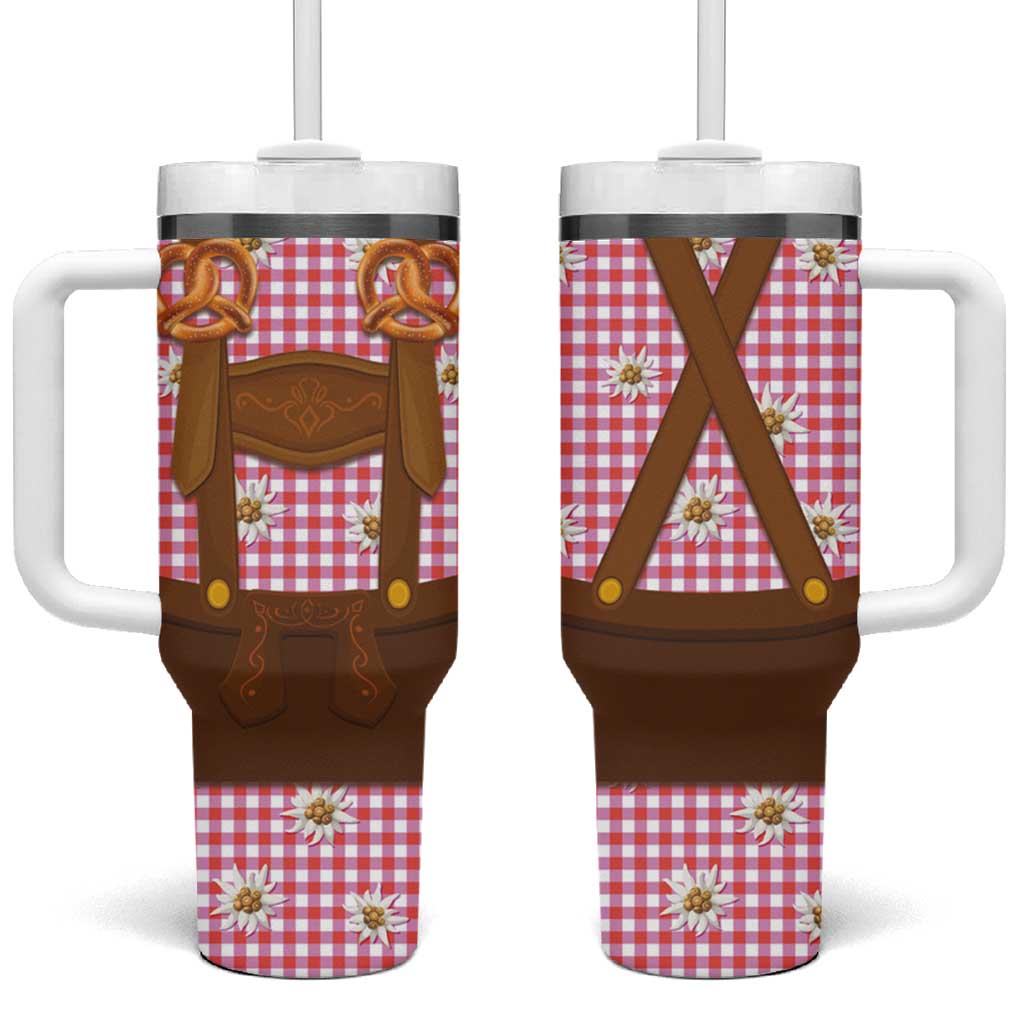 Traditional German Costume - Lederhosen and Soft Pretzel Tumbler With Handle Blue Plaid Pattern with Edelweiss Flowers