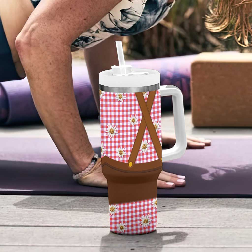 Traditional German Costume - Lederhosen and Soft Pretzel Tumbler With Handle Blue Plaid Pattern with Edelweiss Flowers