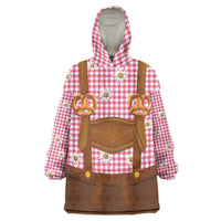 Traditional German Costume - Lederhosen and Soft Pretzel Wearable Blanket Hoodie Blue Plaid Pattern with Edelweiss Flowers