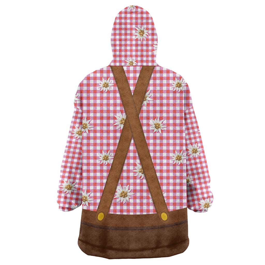 Traditional German Costume - Lederhosen and Soft Pretzel Wearable Blanket Hoodie Blue Plaid Pattern with Edelweiss Flowers