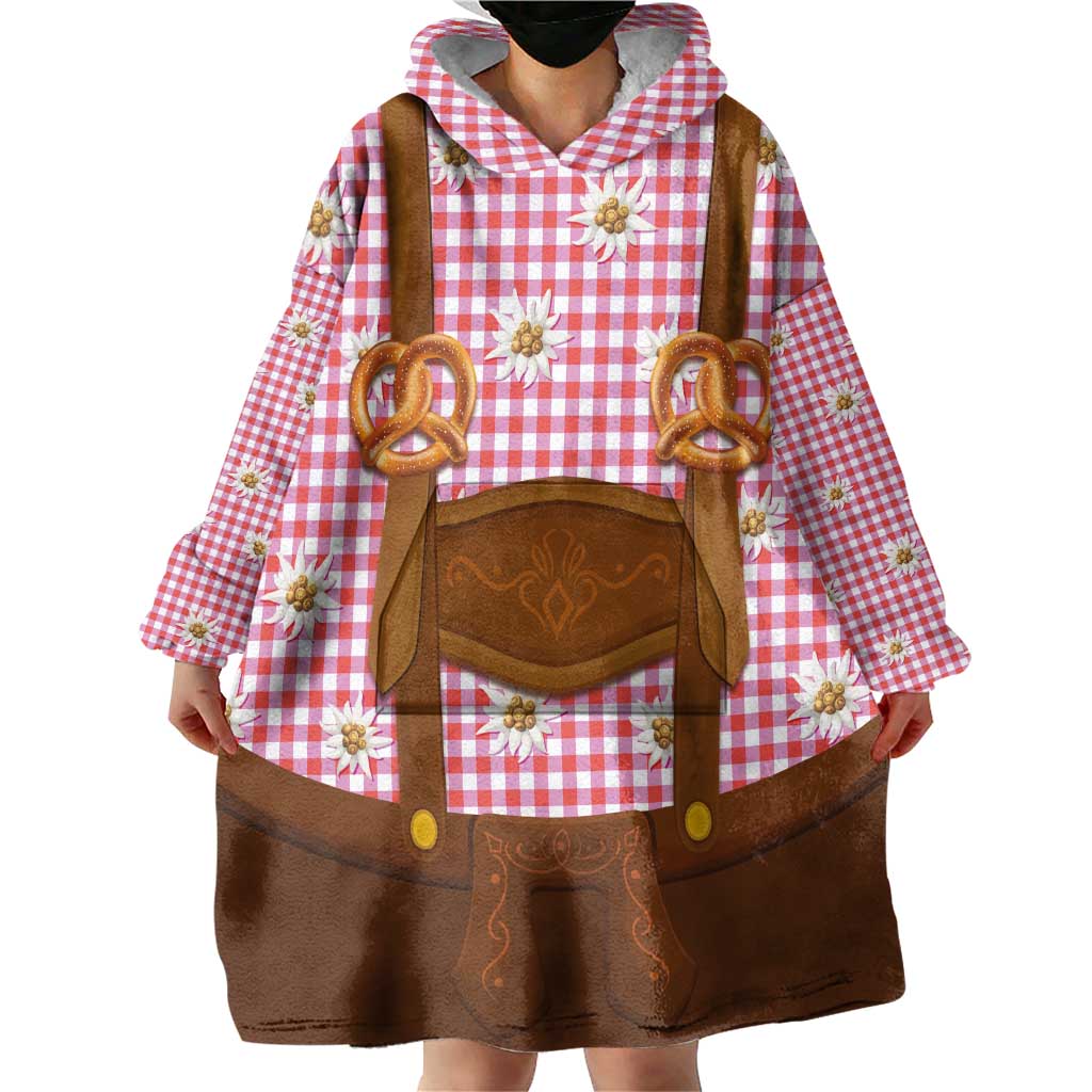 Traditional German Costume - Lederhosen and Soft Pretzel Wearable Blanket Hoodie Blue Plaid Pattern with Edelweiss Flowers