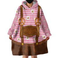 Traditional German Costume - Lederhosen and Soft Pretzel Wearable Blanket Hoodie Blue Plaid Pattern with Edelweiss Flowers