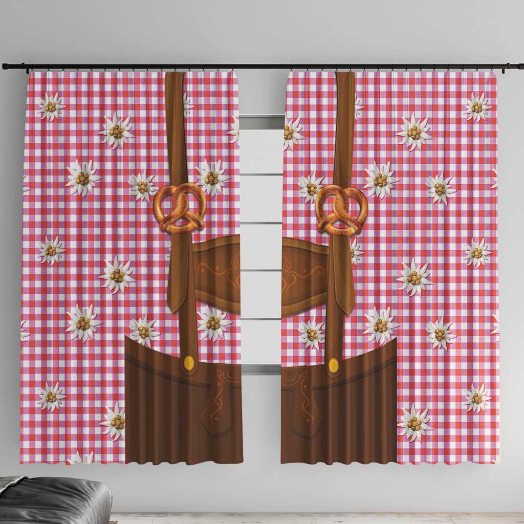 Traditional German Costume - Lederhosen and Soft Pretzel Window Curtain Blue Plaid Pattern with Edelweiss Flowers