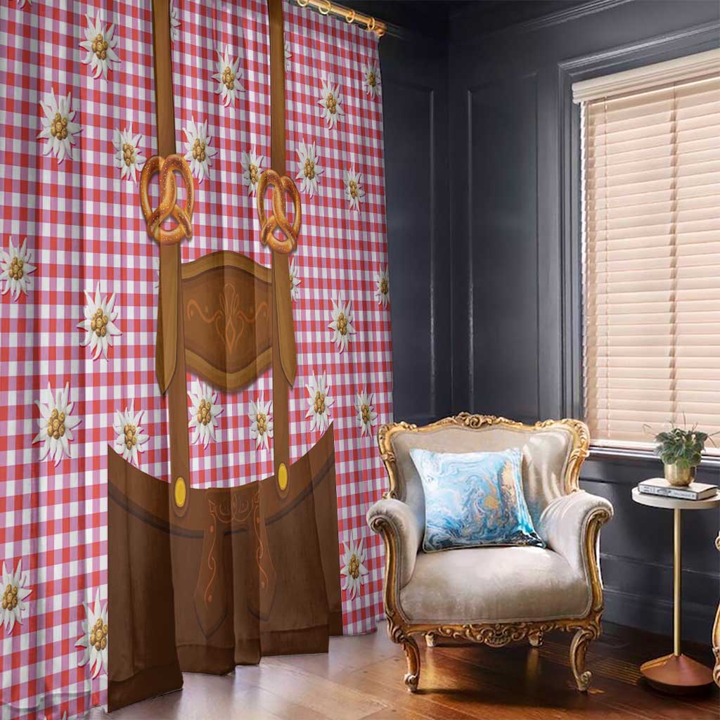 Traditional German Costume - Lederhosen and Soft Pretzel Window Curtain Blue Plaid Pattern with Edelweiss Flowers