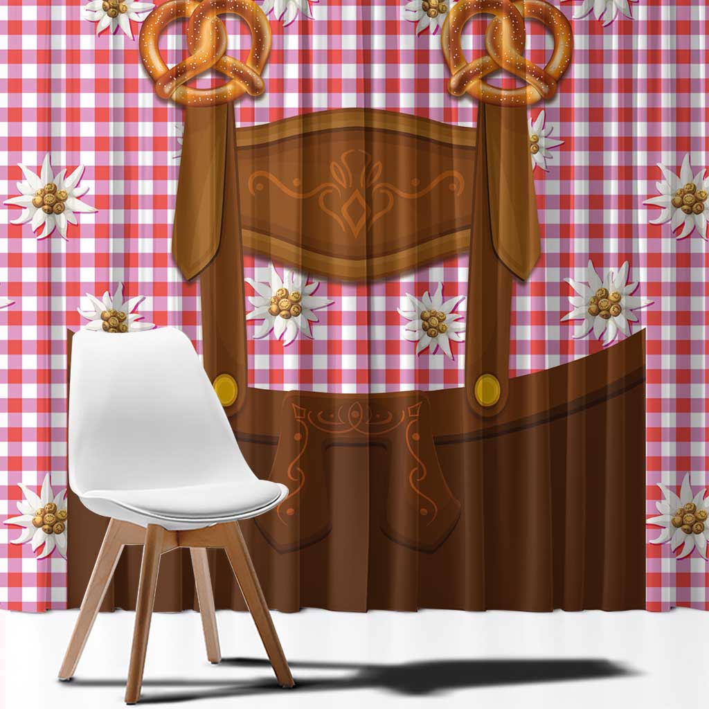 Traditional German Costume - Lederhosen and Soft Pretzel Window Curtain Blue Plaid Pattern with Edelweiss Flowers