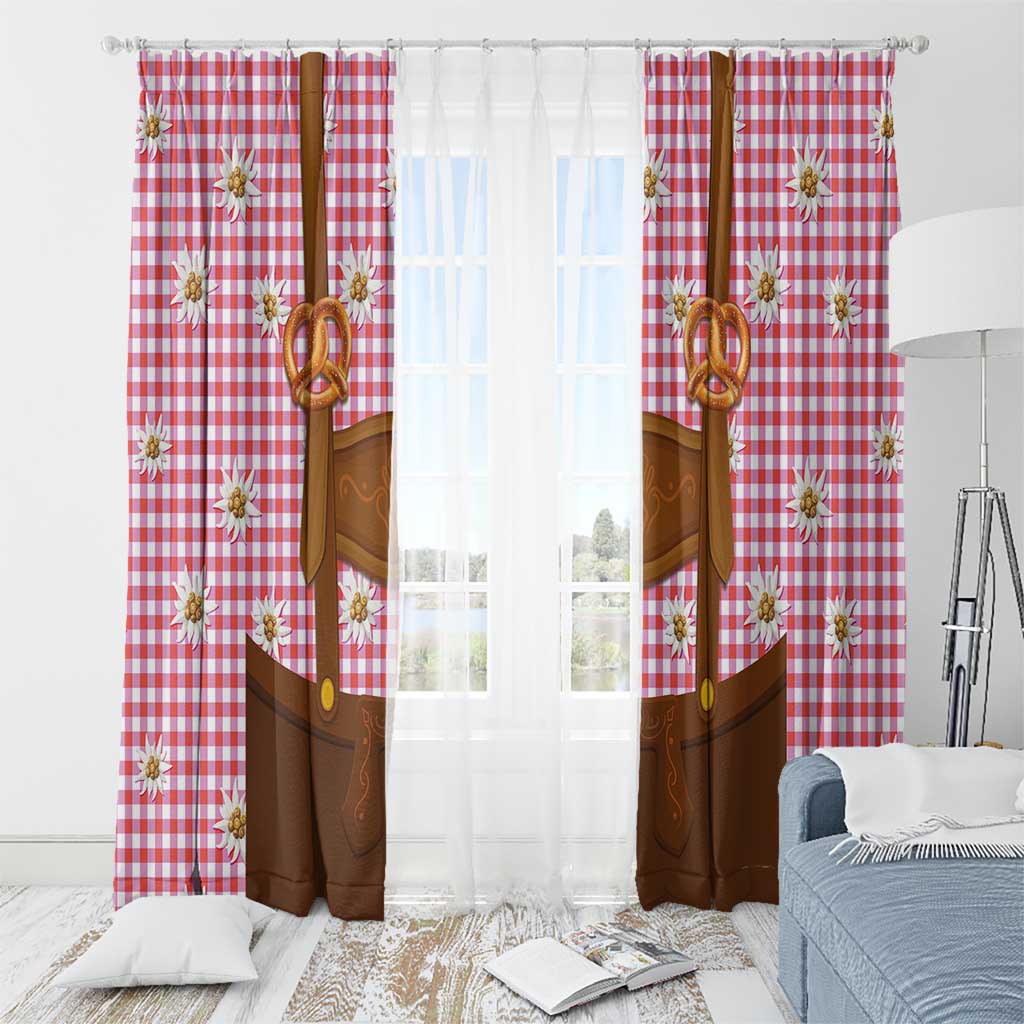 Traditional German Costume - Lederhosen and Soft Pretzel Window Curtain Blue Plaid Pattern with Edelweiss Flowers