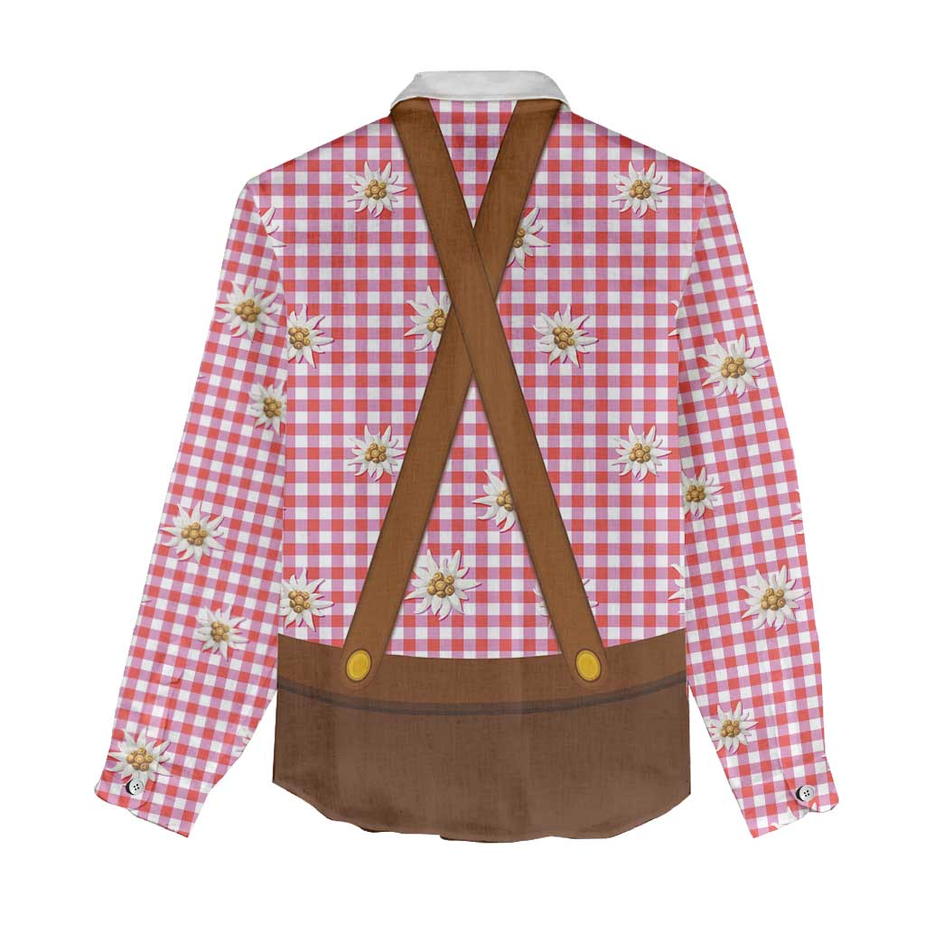 Traditional German Costume - Lederhosen and Soft Pretzel Women Casual Shirt Blue Plaid Pattern with Edelweiss Flowers