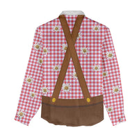 Traditional German Costume - Lederhosen and Soft Pretzel Women Casual Shirt Blue Plaid Pattern with Edelweiss Flowers