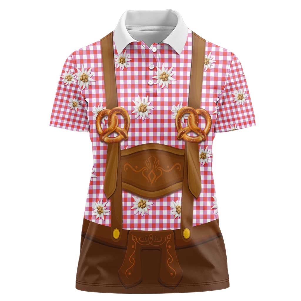 Traditional German Costume - Lederhosen and Soft Pretzel Women Polo Shirt Blue Plaid Pattern with Edelweiss Flowers
