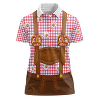 Traditional German Costume - Lederhosen and Soft Pretzel Women Polo Shirt Blue Plaid Pattern with Edelweiss Flowers